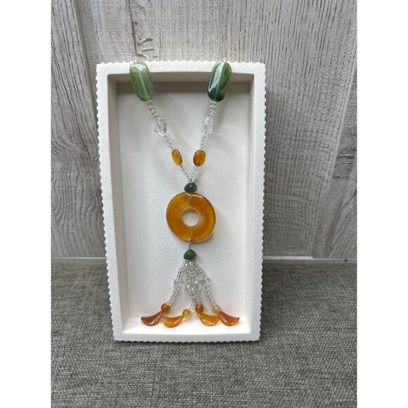 Boho Glass Bead Necklace With Amber & Green Pendant Womens Fashion - Picture 1 of 4